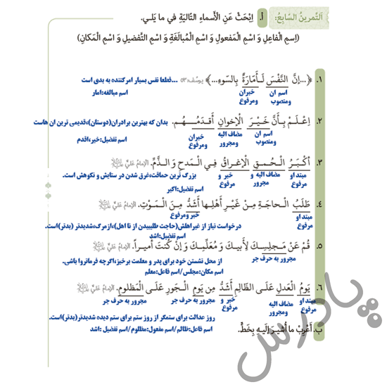 پاسخ تمرین 7 درس3 عربی دوازدهم انسانی