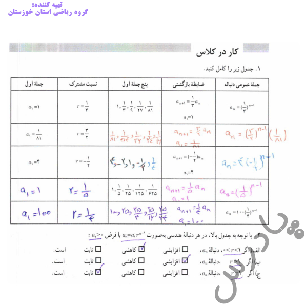 جواب کاردرکلاس صفحه 77 ریاضی دوازدهم انسانی