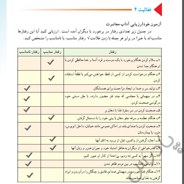 پاسخ فعالیت صفحه 43 تفکر وسبک زندگی هشتم