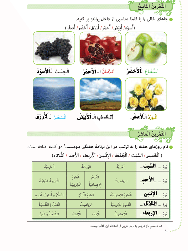 پاسخ تمرینهای 9 و 10 صفحه 10 درس 1عربی هشتم