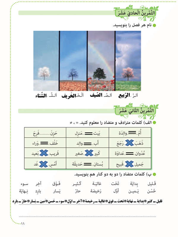 پاسخ تمرینهای صفحه 11 عربی هشتم