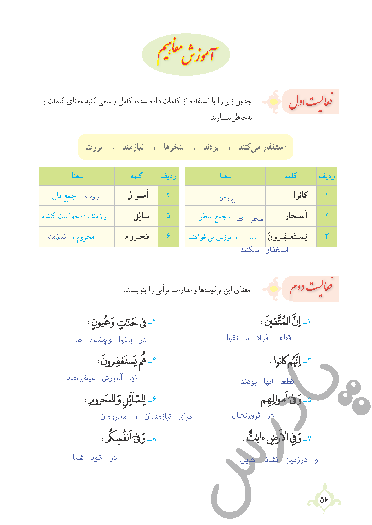 پاسخ فعالیت درس 5 قرآن نهم - جلسه اول