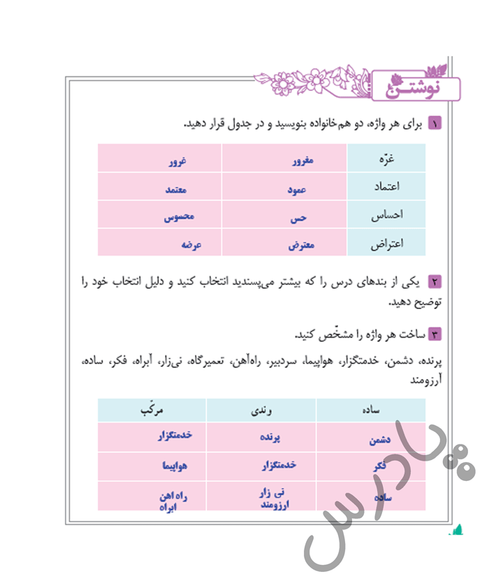 پاسخ نوشتن درس 16 فارسی نهم