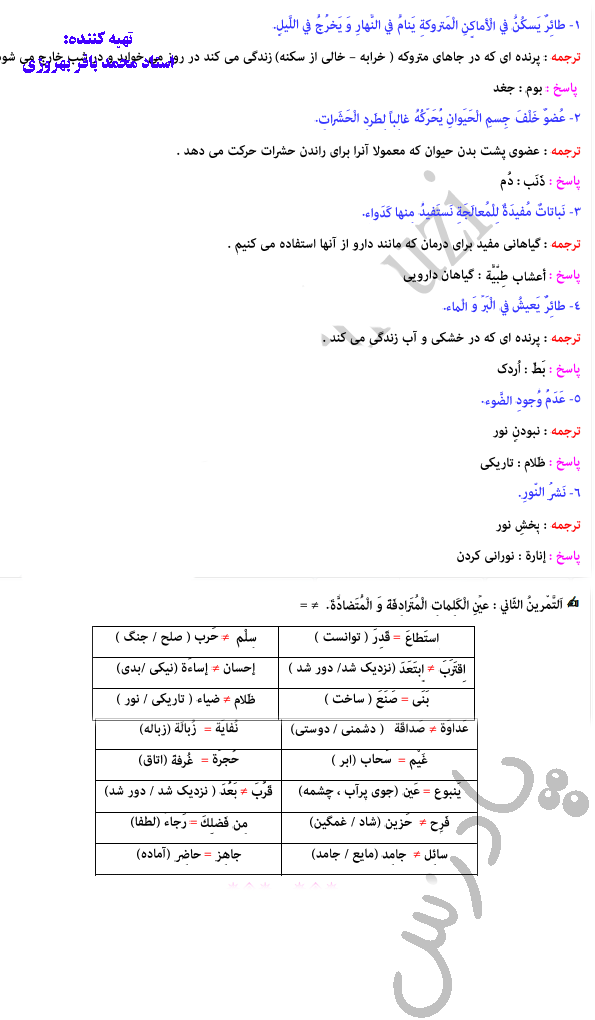 حل تمرین 1تا3 درس 5 عربی دهم